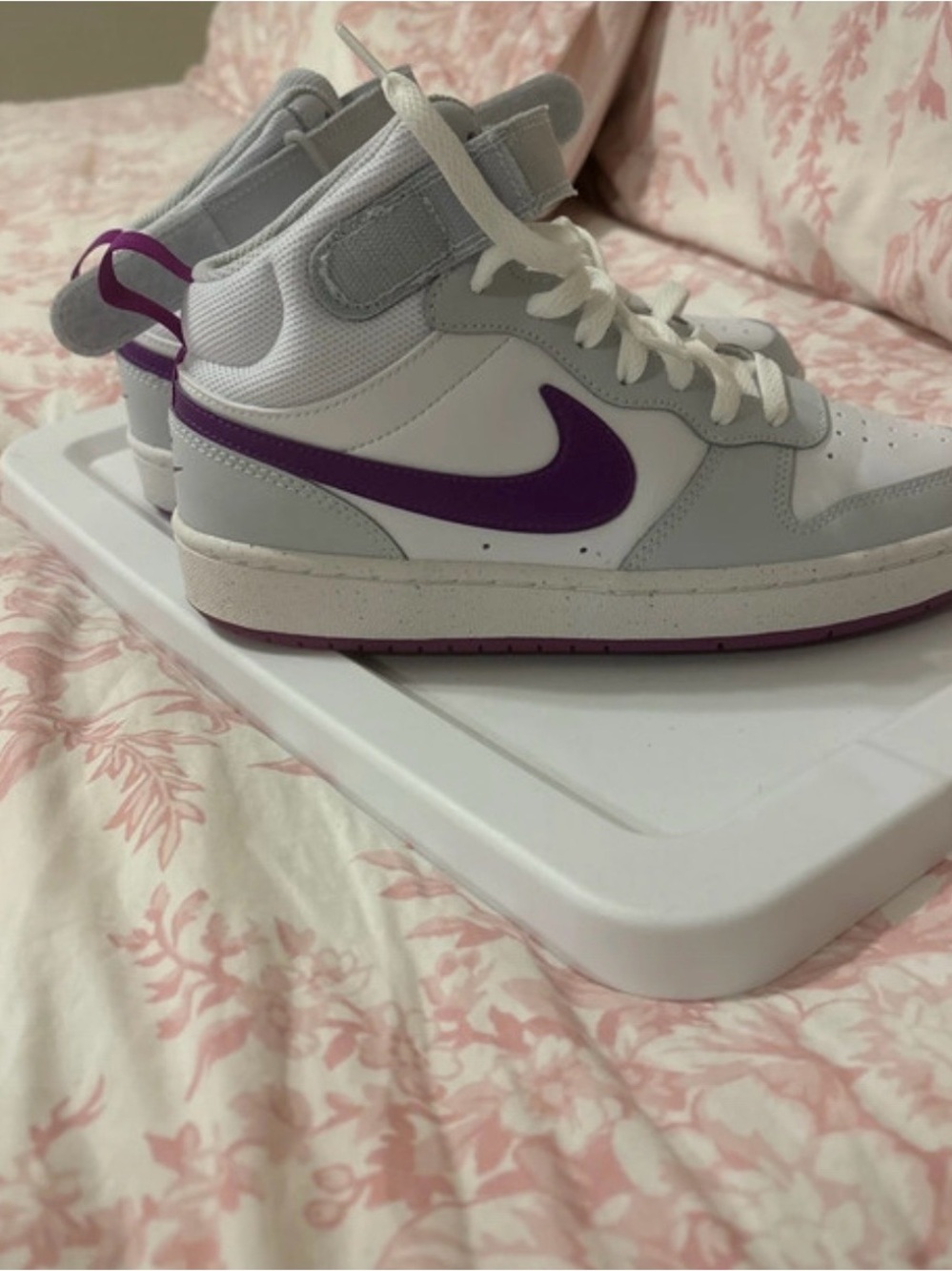 Nike Kids Mid-Top Sneakers in White, Gray & Purple Accent